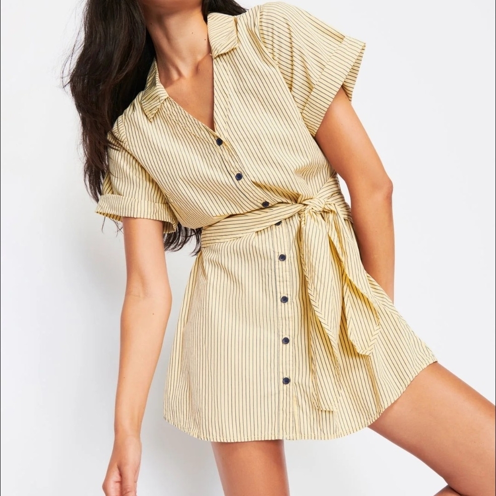 Nation Ltd Yellow Striped Poplin Cotton Nida Wrapped Button-Up Mini Dress Sm